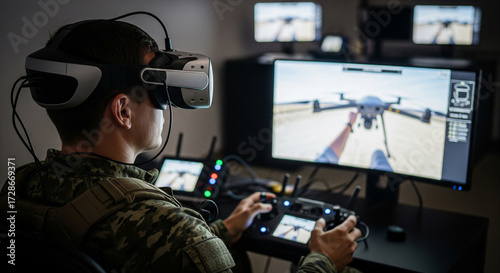 Soldier drone operator wearing virtual reality goggles controls drone during training, from behind