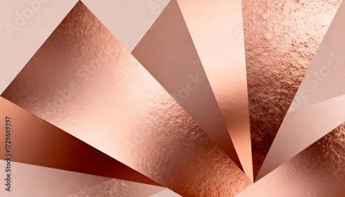 Rose gold geometric background with abstract texture. Elegant composition with metallic copper and pink paper layers. Modern, luxury design concept for wallpaper, backdrop or banner.