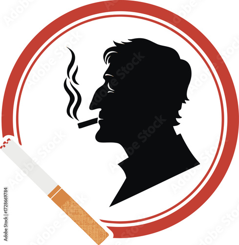 Silhouette profile man smoking cigarette with smoke and red circle frame vector