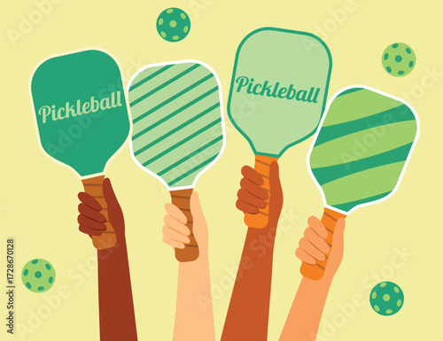 Pickleball. A fun vector illustration featuring several hands holding bright green pickleball paddles. A bright, playful, and modern design for clubs, events, and community sports