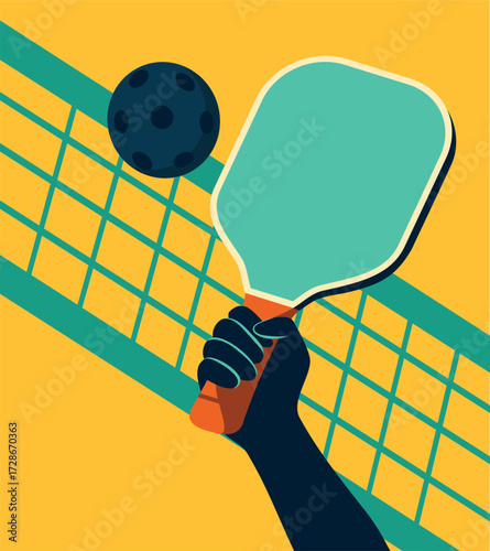 Pickleball, padel tennis. Modern vector illustration a hand with a racket hitting a pickleball ball. Yellow background, net in the background. Bright poster for tournaments and sporting events