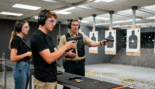 Instructor teaching young adults firearm handling and safety at an indoor shooting range. People learning how to shoot pistols. Target practice and gun training course concept.