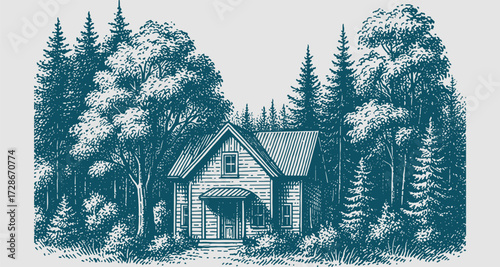Rustic Cabin in Dense Forest Hand-Drawn Vintage Illustration