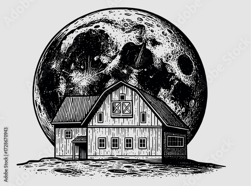 Vintage House Under Full Moon Hand-Drawn Illustration