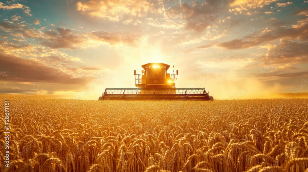 Fototapeta premium Autonomous Combine Harvester Collecting Golden Wheat in Autumn Field with Futuristic Technology Glow
