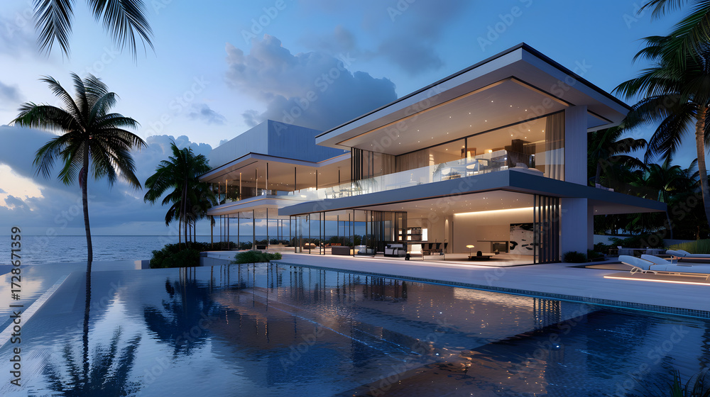 Obraz premium modern luxury villa exterior with infinity pool, palm trees, glass walls, evening lighting, cinematic architectural render, 16:9
