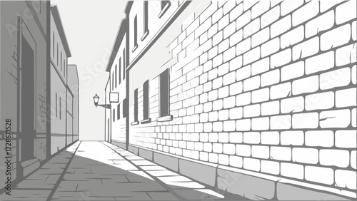 Monochromatic Urban Alleyway Illustration with Dramatic Shadows and Old Brick Buildings; Grayscale Street Scene in Perspective, Evoking Mystery and...
