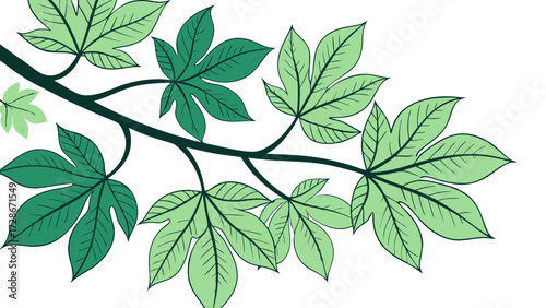Fresh Green Botanical Branch with Stylized Leaves Illustration, Nature-Inspired Design Element on White Background