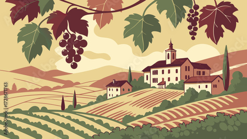 Idyllic European Vineyard Landscape with Village and Rolling Hills in Vintage Illustration Style; Grapevines with Ripe Grapes and Autumn Leaves in ...