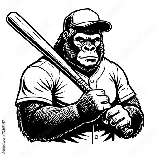Angry gorilla baseball player with a bat over his shoulder, mascot, sports, animal, baseball, power