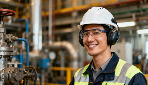 Happy professional Asian male industrial engineer in safety hard hat and glasses smiling. Confident factory worker or technician at a manufacturing plant with machinery.