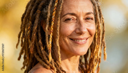 Close-up portrait of a mature woman with natural dreadlocks, braided accents, radiant smile, sunlit outdoor setting, confident expression, embracing age and beauty