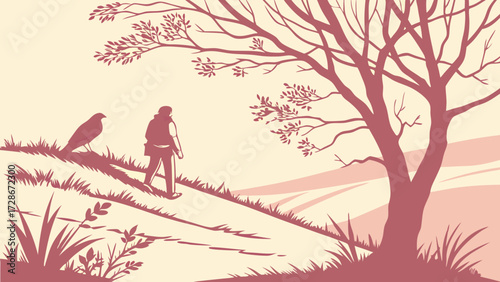 Stylized Monochromatic Illustration: Falconer and Hawk Companionship in a Serene Autumn Landscape Walk