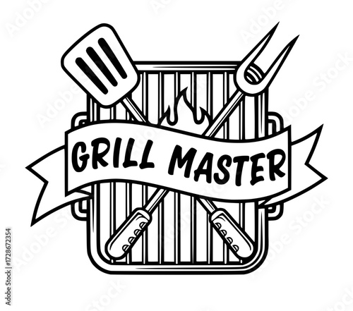 Grill Master badge with crossed spatula and fork over a grill grate, barbecue, grilling, chef, cooking, food