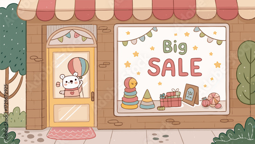 Cartoon Shop Front Showcases A Big Sale With A Cute Bear Holding Balloons
