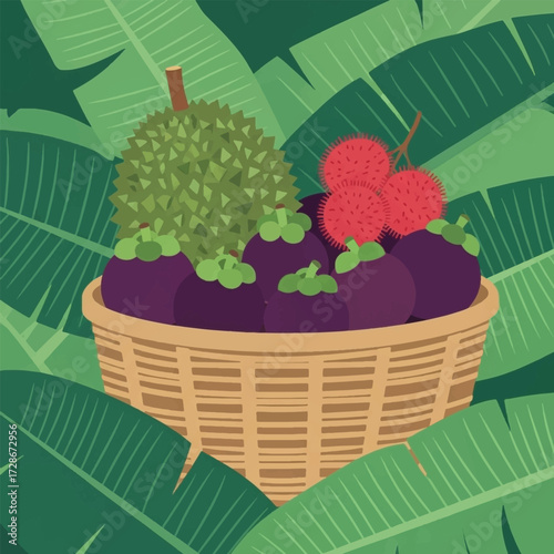 A woven basket overflowing with exotic tropical fruits including durian, mangosteens, and lychees, set against a backdrop of lush green banana leaves.