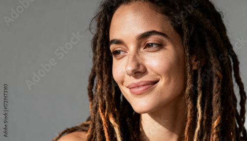 Happy young woman with dreadlocks looking away with a gentle smile. Natural beauty and skincare concept. Portrait of a serene, content person showing authentic lifestyle and confidence.