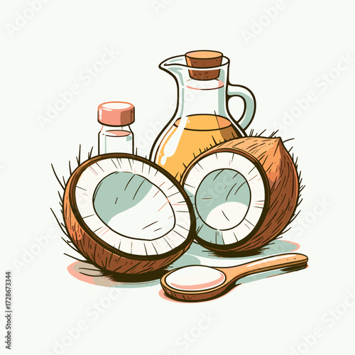Coconut halves and oil