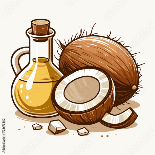 Coconut halves and oil
