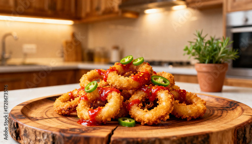 Crispy fried calamari rings appetizer with spicy sriracha sauce and fresh jalapeño chili garnish. Delicious deep-fried seafood snack served on a rustic wooden plate.