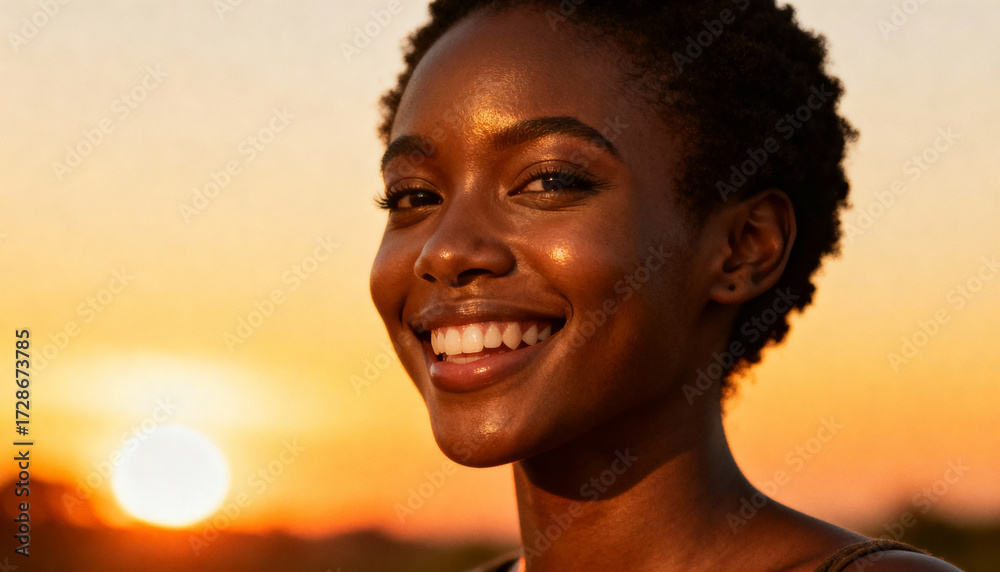 Naklejka premium Vibrant young African woman smiling joyfully in golden sunset light, natural beauty, radiant skin, happiness and positivity, outdoor portrait with warm glowing background, serene mood