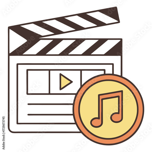 Iconic clapperboard with musical note symbol for audio and music production and media