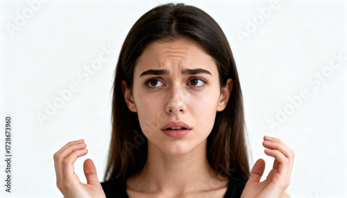 Young worried Romanian woman with expressive face isolated on white background, emotional portrait showing concern, anxiety, and uncertainty, lifestyle and mental health concept