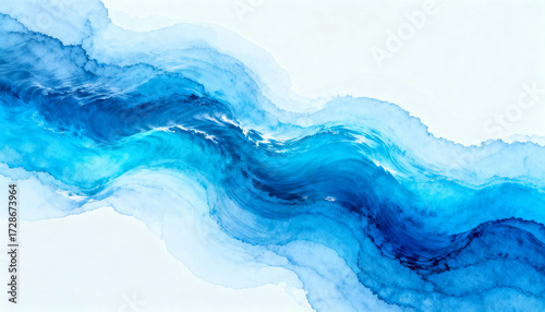 Abstract aerial view of ocean blue waves. Watercolor style background with flowing liquid ink. Concept of calm, serenity and nature's power. Fluid art texture on white.