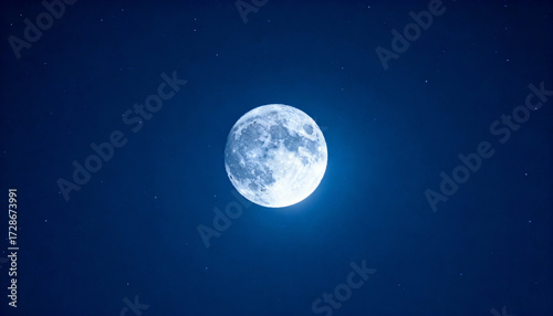 Luminous full moon glowing brightly in a clear starry night sky, detailed craters, celestial astronomy, peaceful cosmic landscape