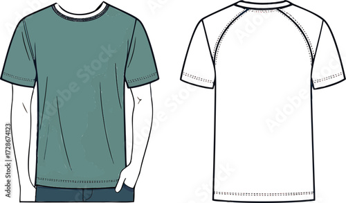 Teal t shirt front and back view with jeans and hands front view apparel