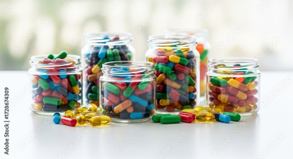 Fototapeta premium Assortment of Colorful Capsule Candies in Glass Jars on a White Surface.