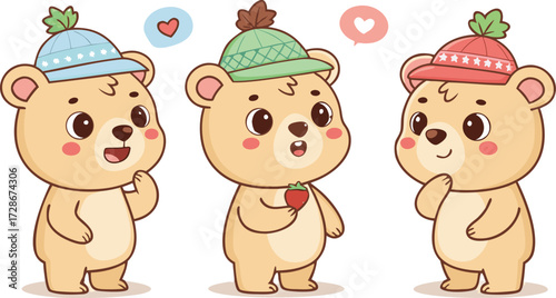 Three Adorable Cartoon Bear Cubs In Hats Share Loving Thoughts And A Treat