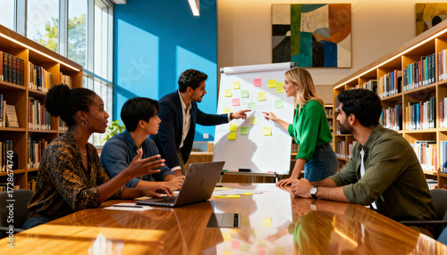 Diverse business team in a creative workshop. Colleagues brainstorming, using sticky notes on a whiteboard for strategic planning in a modern library office. Teamwork collaboration.