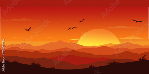 Red Horizon: Simple Beauty at the Edge of the Horizon.
A minimalist visual that captures the essence of a sunrise. Sharp silhouettes and bold colors make this illustration eye-catching.

