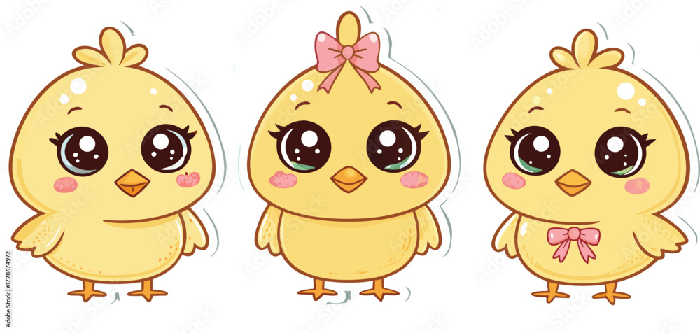 Obraz premium Three Cute Cartoon Chicks Stand Side By Side Each Decorated With Pink Bows