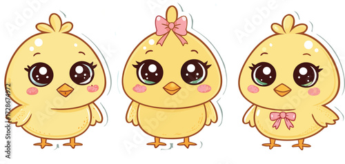 Three Cute Cartoon Chicks Stand Side By Side Each Decorated With Pink Bows