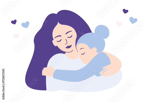 Vector illustration of a mother and young girl hugging each other with pastel hearts. Family love and happy Mother's Day greeting card. 