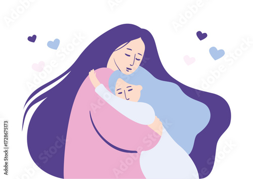 Vector illustration of a mother and young girl hugging each other with pastel hearts. Family love and happy Mother's Day greeting card. 