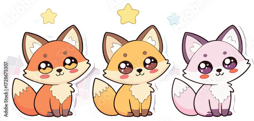 Three Cute Cartoon Fox Cubs Sit Together With Stars In A Kawaii Gentle Style