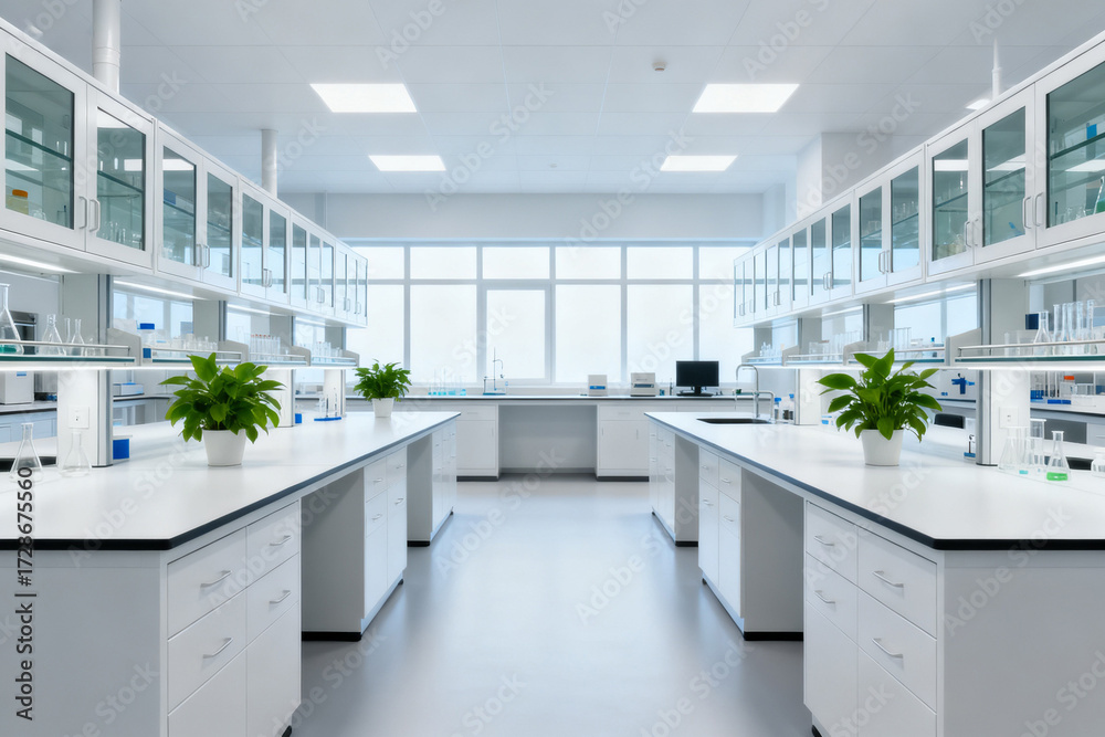 Fototapeta premium Modern laboratory with white workstations, glass cabinets, and potted plants under bright lighting