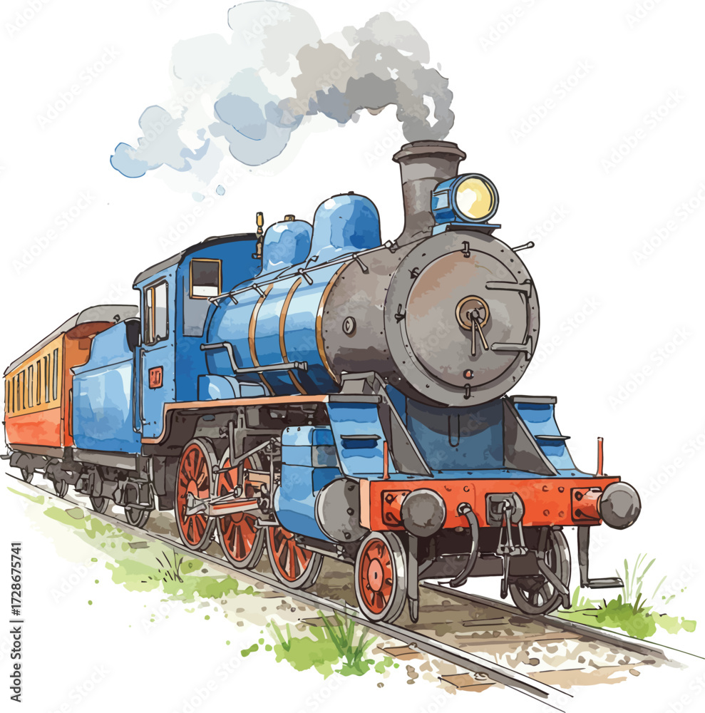 Naklejka premium Vintage steam locomotive and passenger cars traveling on railroad tracks with smoke plumes