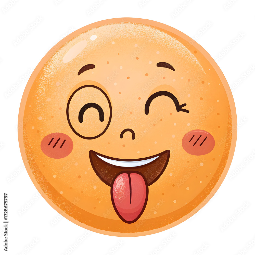 Fototapeta premium Emoji-style face with tongue out and one eye closed, isolated on white background, expressing playfulness, silliness, fun