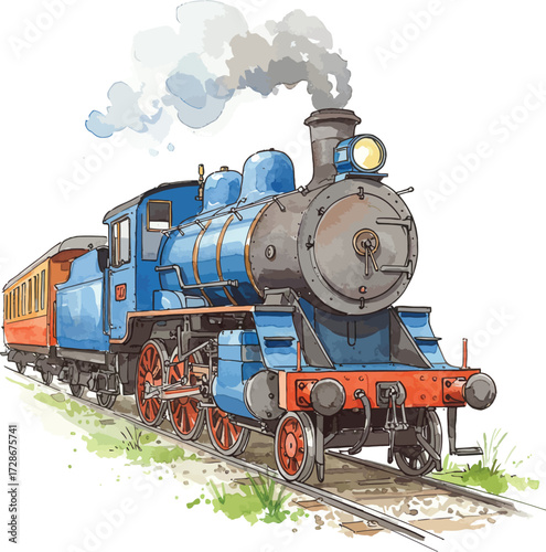 Vintage steam locomotive and passenger cars traveling on railroad tracks with smoke plumes