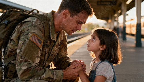 Emotional soldier father says a heartbreaking farewell to his crying daughter at a train station. Military man leaving for deployment. Family separation, patriotism, and sacrifice.