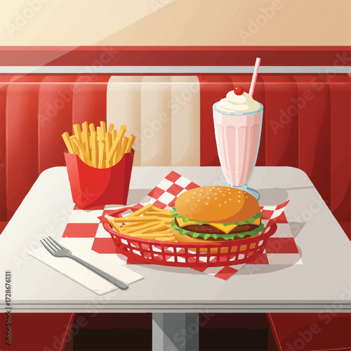 Classic Diner Booth Burger Meal: Flat 2D Vector Illustration with Burger in Basket, French Fries, and Milkshake on Checkered Table