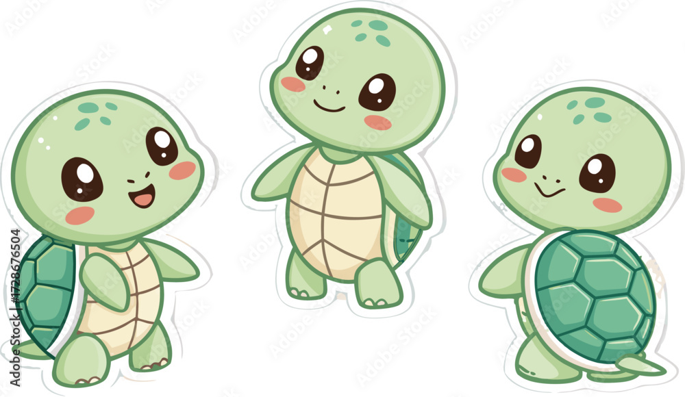 Obraz premium Three Cheerful Cartoon Baby Turtles With Smiling Faces Pose Cutely Together