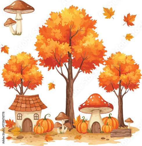 Charming autumn scene with whimsical mushrooms houses pumpkins and falling leaves