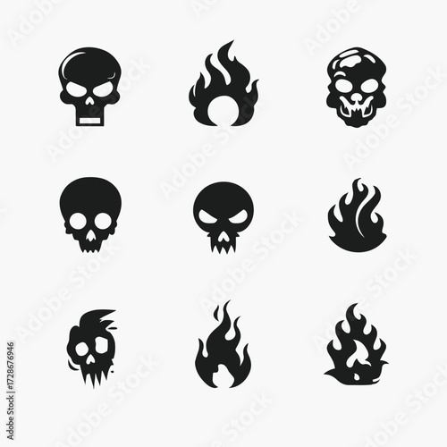 Nine black graphic designs six skulls with various expressions & three flames, all on a white background