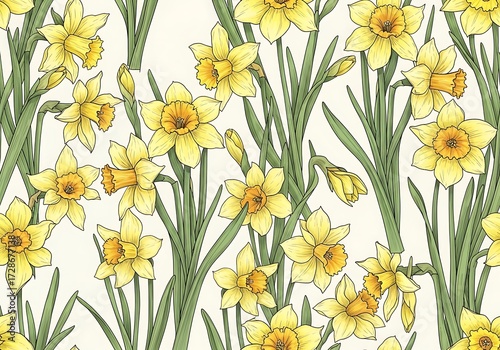 Detailed daffodil illustration with a repeating pattern on a clean white backdrop providing visual appeal and a touch