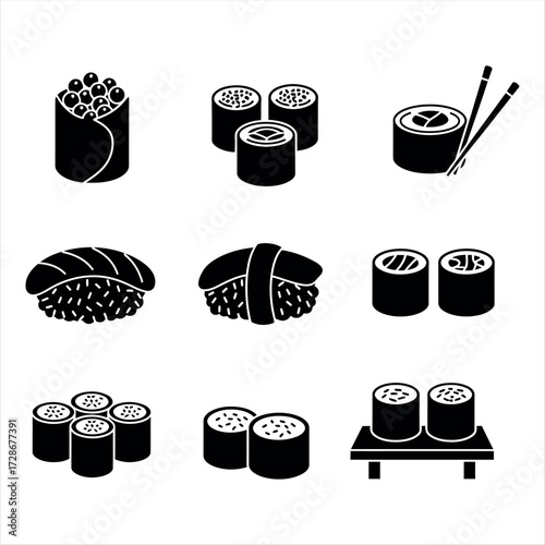 A simple black and white sushi icon set featuring maki rolls and nigiri with chopsticks. Clean and minimal designs suitable for Japanese restaurant branding, menus, apps, or food illustrations